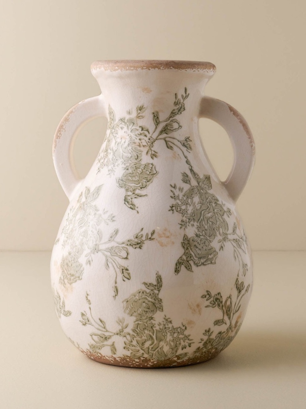 Magnolia Floral Double-Handled Ceramic Vase in White & Sage Green for Sale.